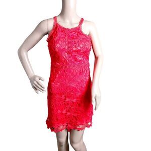 She + Sky Mini Shift Dress‎ Woman's Red Small Crochet Lace Bodycon Form Fitting